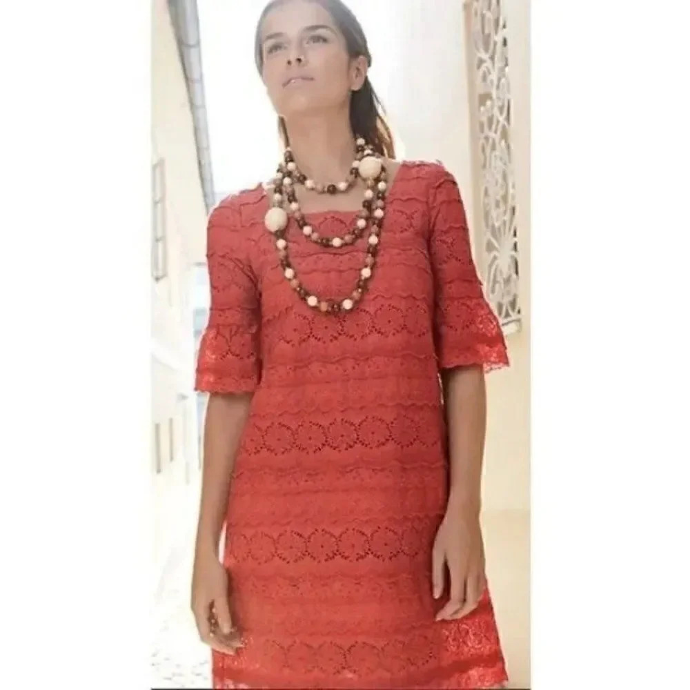 Moulinette Soeurs Anthropologie Dazzling Lights Shift Dress 4 Eyelet Lace‎ Coral